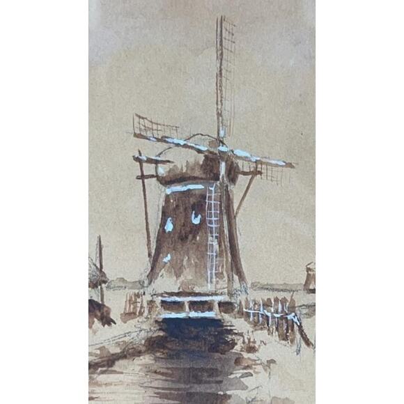 Antique Louis Apal Dutch Windmill Original Watercolor Gold Ornate Frame RARE - Picture 5 of 14